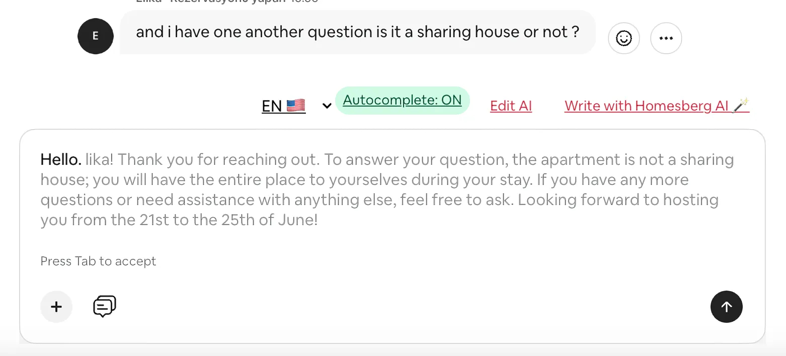 Airbnb chatbot asistanı otomatik mesaj tamamlama örneği