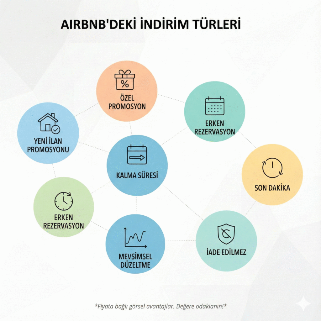 Airbnb’deki indirim türlerini gösteren infografik: yeni ilan promosyonu, özel promosyon, erken rezervasyon, son dakika indirimi, iade edilemez seçenek, mevsimsel düzeltme ve kalma süresi indirimi.