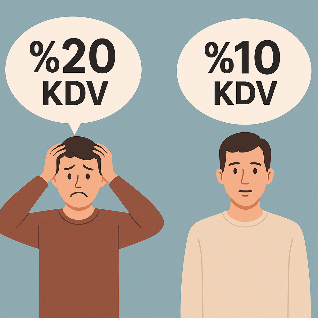 Kafası karışık iki kişi: Biri yüksek vergi yükünü (%20 KDV) düşünüp üzgünken, diğeri düşük KDV oranı (%10 KDV) ihtimaliyle umutlu. Görsel, KDV oranındaki yasal çelişkiyi vurguluyor.
