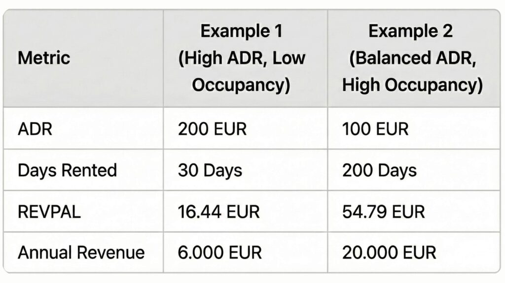 Comparison table showing two pricing strategies: high ADR with low occupancy versus balanced ADR with high occupancy, highlighting differences in RevPAL and annual revenue.