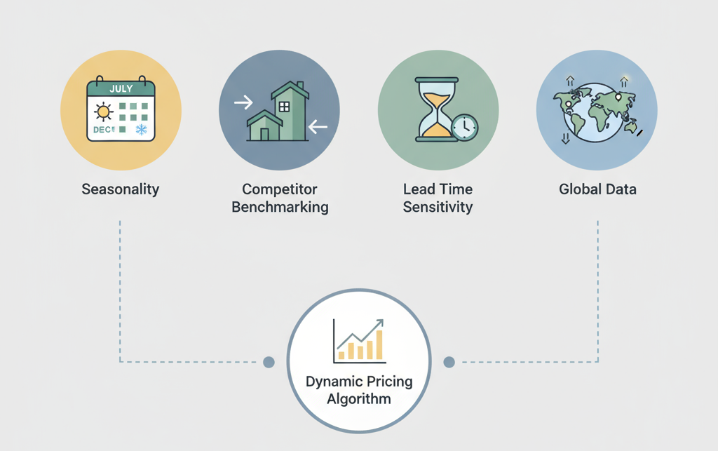 An infographic illustrating how a dynamic pricing algorithm moves beyond a static base price by analyzing four key data points: seasonality, competitor benchmarking, lead time sensitivity, and global data.