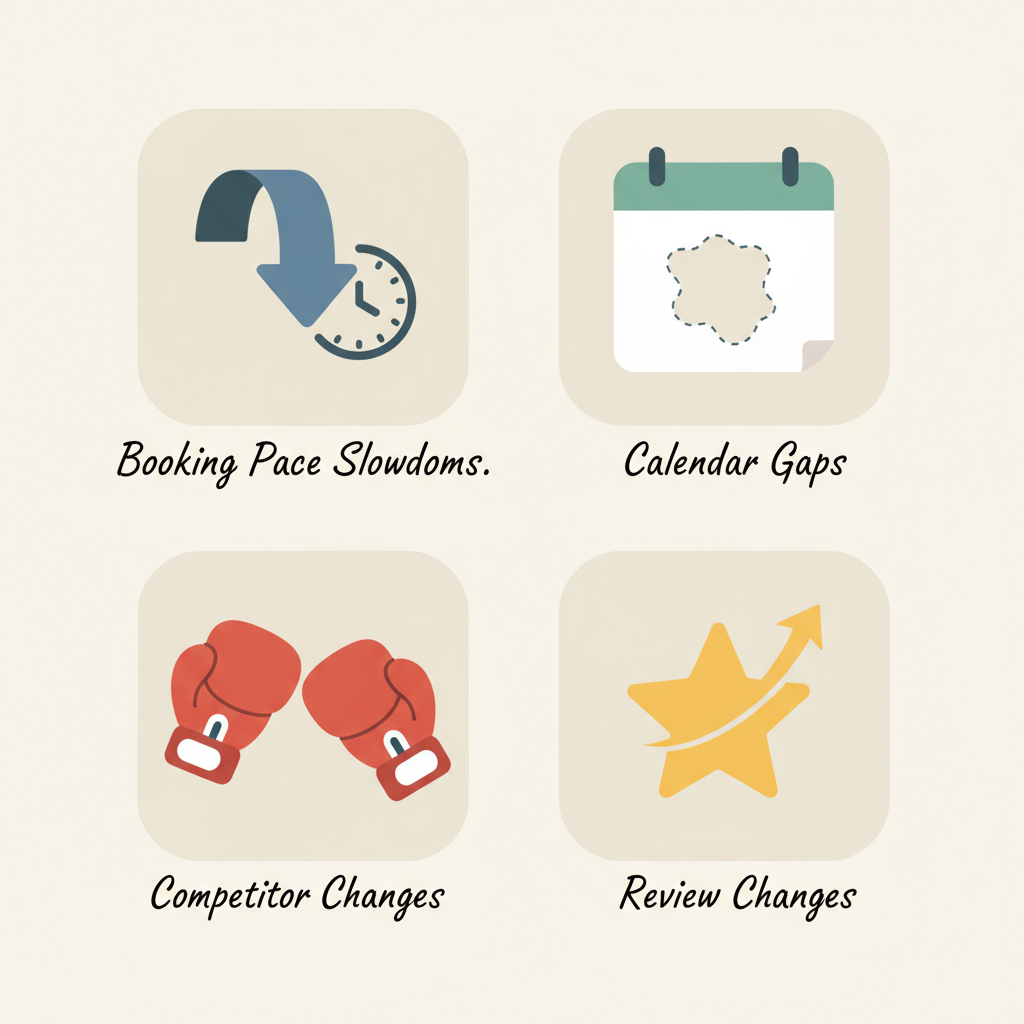 An infographic with four icons illustrating key revenue management triggers for short-term rentals base price: booking pace slowdowns, calendar gaps, competitor changes, and review changes.
