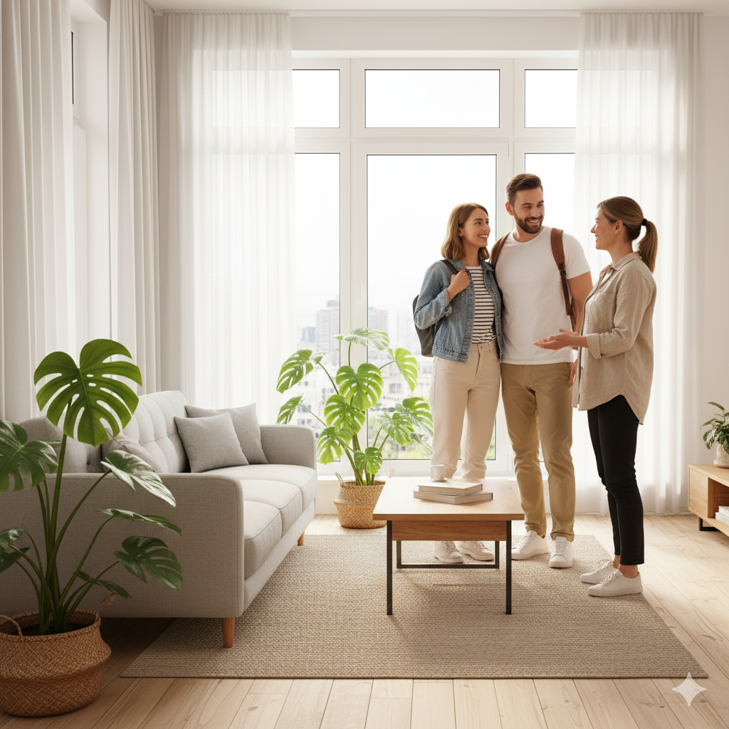 üler yüzlü bir ev sahibinin, modern ve aydınlık bir evde misafirlerini kapıda karşılaması. Başlık: Airbnb'de Misafirlerinizi Sıcak Karşılayın
