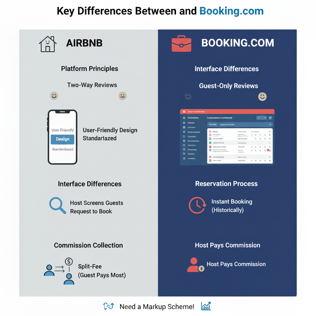 A simple infographic detailing the key differences for hosts between Airbnb and Booking.com, including interface, reviews, and booking process.