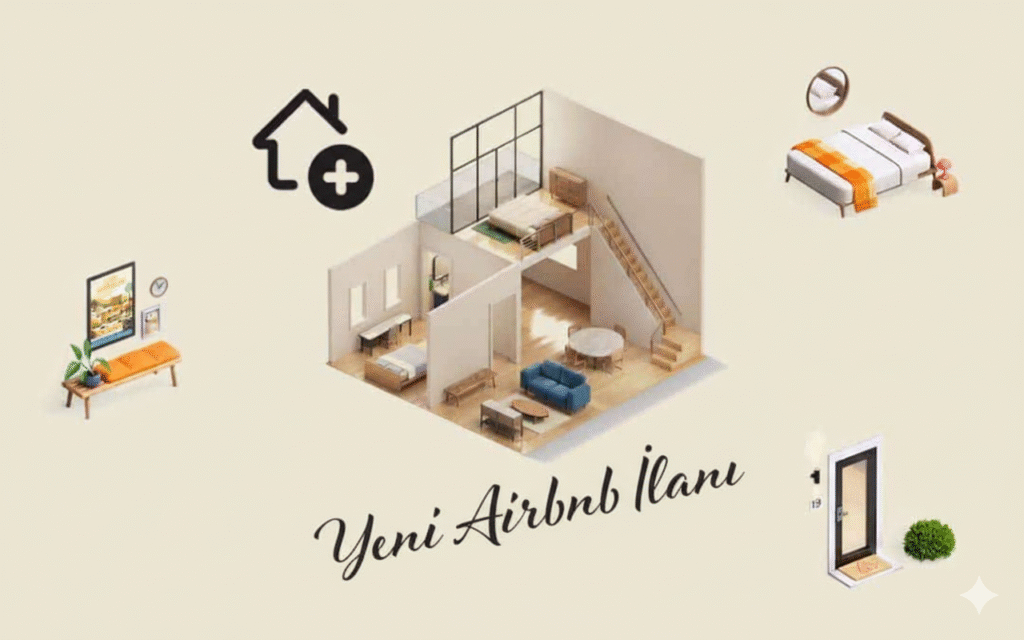 Bir ev modelinin izometrik kesiti ve etrafındaki mobilya simgeleriyle "Yeni Airbnb İlanı" yazısı.