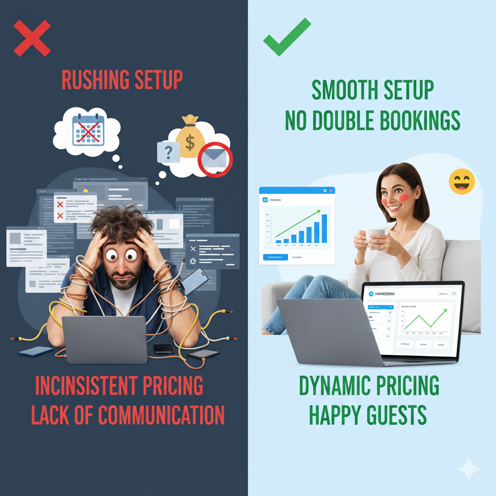 A cartoon showing a frustrated person struggling with a computer and a relaxed, happy person succeeding, representing the difference between making common hosting mistakes and getting it right.