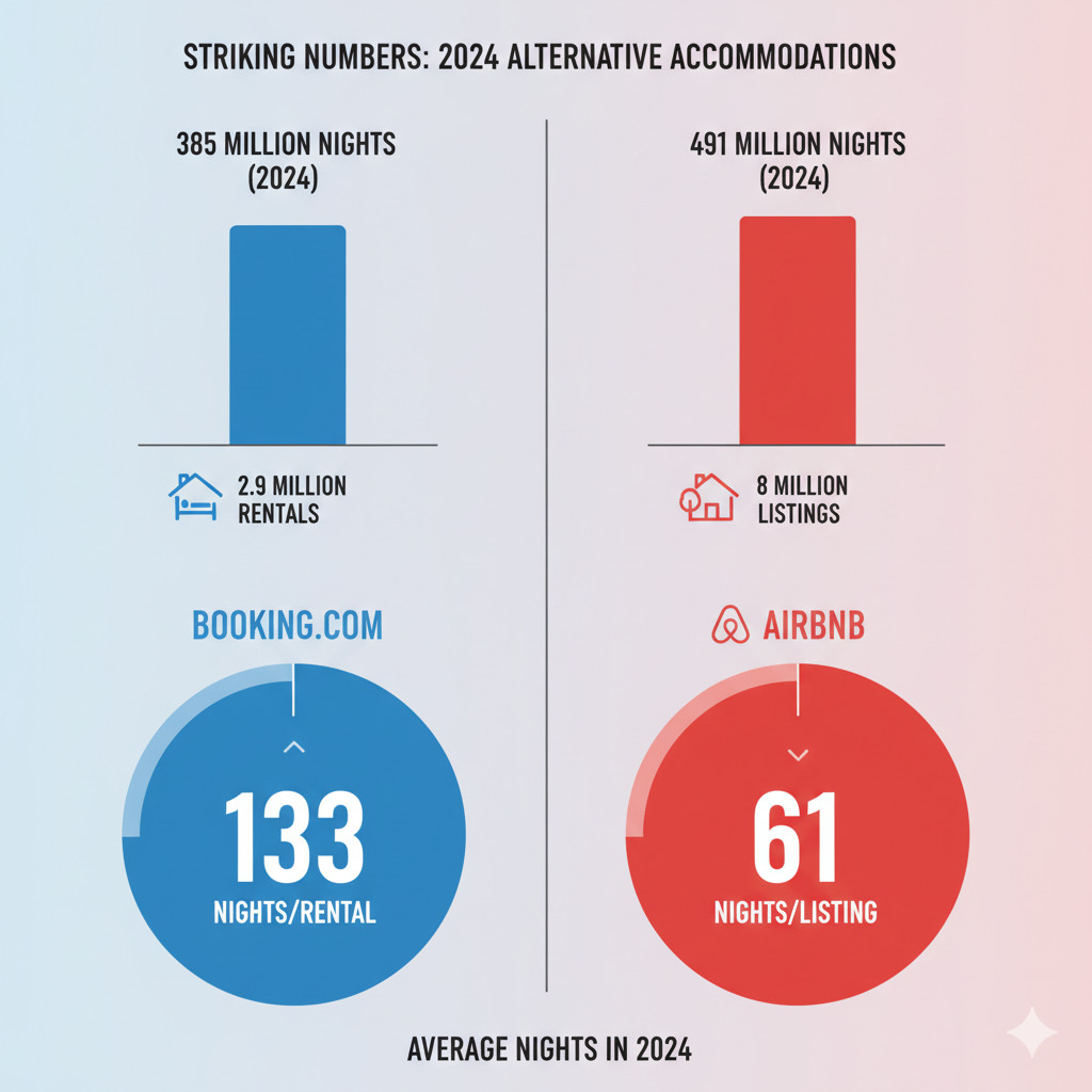 A visual comparison of Booking.com vs. Airbnb alternative accommodation numbers in 2024, showing Booking.com's higher average nights per rental.