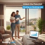 A vertical hero image for a blog post about hosting on Booking.com, featuring a clean, professional design to attract hosts.
