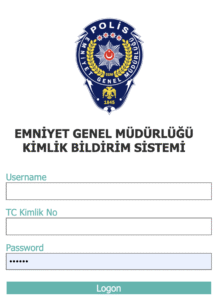 Türk Emniyet Genel Müdürlüğü'nün Kimlik Bildirim Sistemi (KBS) giriş ekranı; Kullanıcı Adı, TC Kimlik No ve Şifre alanlarını gösteriyor