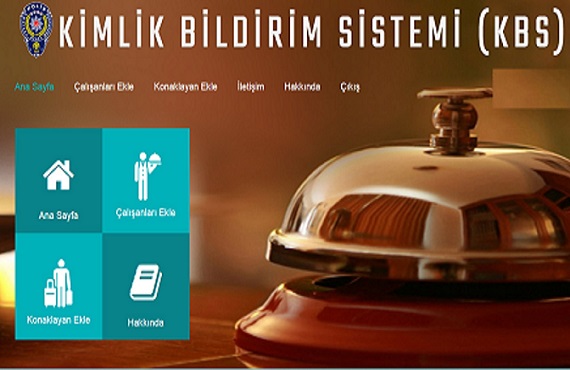 Kimlik Bildirim Sistemi (KBS) ana sayfası, Ana Sayfa, Çalışanları Ekle, Konaklayan Ekle ve Hakkında olmak üzere dört ana navigasyon kutucuğunu gösteriyor.