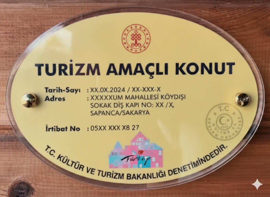 arih, adres ve irtibat numarasının anonimleştirildiği "Turizm Amaçlı Konut" tabelasının yakın çekim görüntüsü.