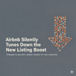 Graphic with the Airbnb logo in the background and a large downward arrow made of tiny house icons, with the text: "Airbnb Silently Tunes Down the New Listing Boost" and "Changes to algorithm reduce visibility for new properties."