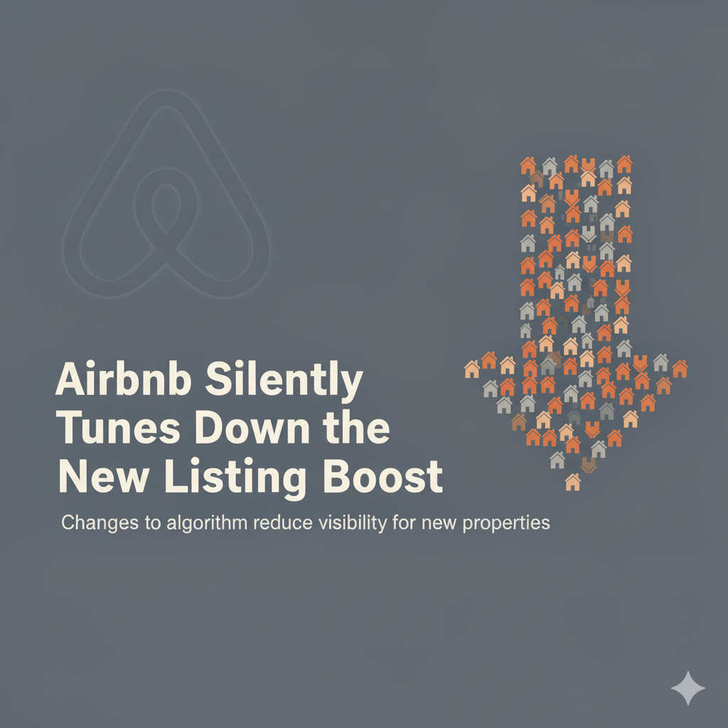 Graphic with the Airbnb logo in the background and a large downward arrow made of tiny house icons, with the text: "Airbnb Silently Tunes Down the New Listing Boost" and "Changes to algorithm reduce visibility for new properties."