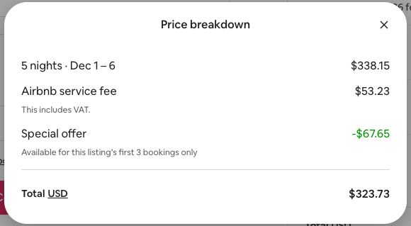 Screenshot of an Airbnb price breakdown showing a Special offer of -\$67.65, available for the listing's first 3 bookings, highlighting the new listing boost discount.
