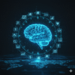 A glowing, futuristic blue brain connected by a network of lines to Airbnb-related icons, including a house, stars, a calendar, and a dollar sign, symbolizing the machine learning ranking process.