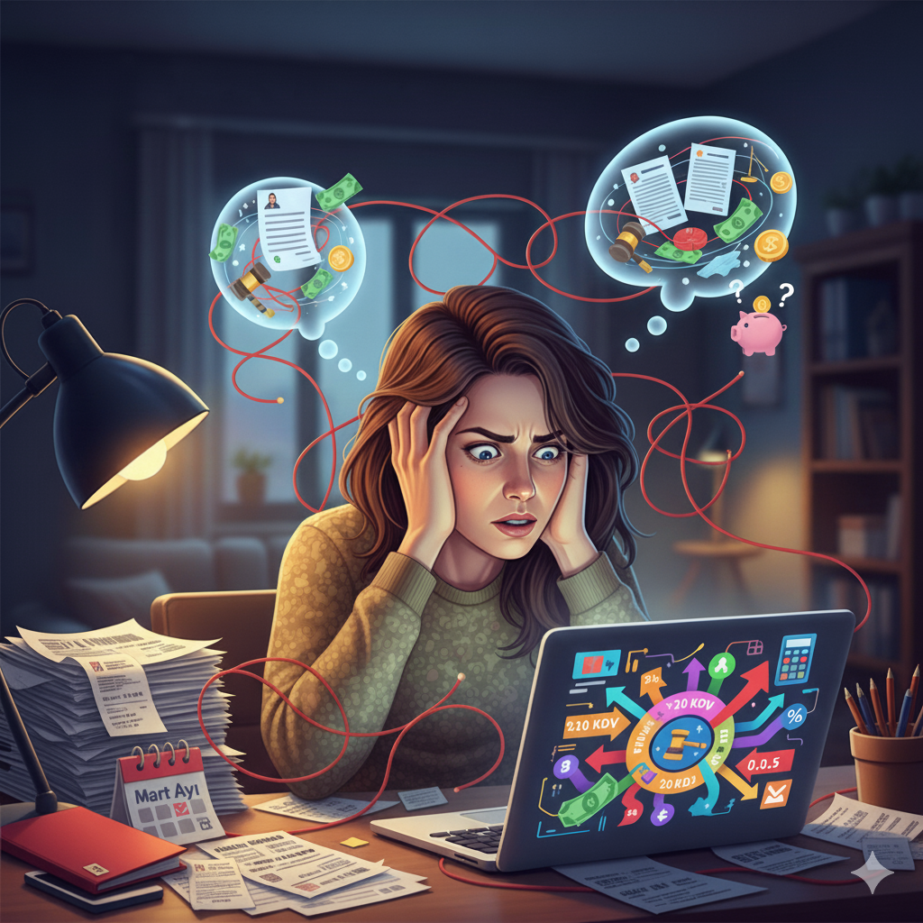 Bilgisayar başında fatura ve evrak yığınlarıyla kafası karışmış bir kadın, Türkiye'deki Airbnb gelir vergisi ve KDV yükümlülüklerinin karmaşıklığını ve belirsizliğini temsil ediyor.