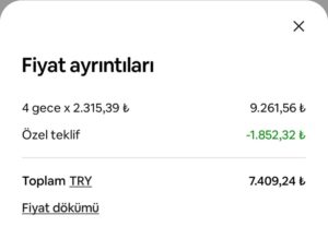 Airbnb fiyat ayrıntıları: 6 gece konaklama 13.240,00 ₺, Airbnb hizmet bedeli 2.243,02 ₺, Toplam TRY 15.483,02 ₺.