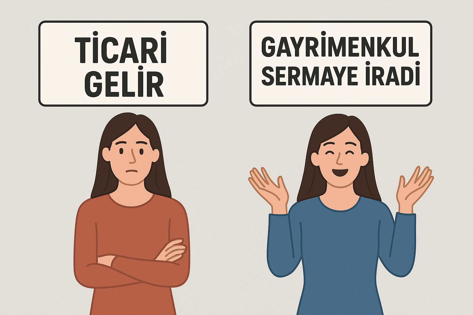 "Ticari Gelir" yazısı altında mutsuz bir kadın ve "Gayrimenkul Sermaye İradı" yazısı altında mutlu bir kadın. Görsel, ticari organizasyon gerektirmeyen kiralama gelirinin GMSİ olarak beyan edilmesinin avantajını vurguluyor.