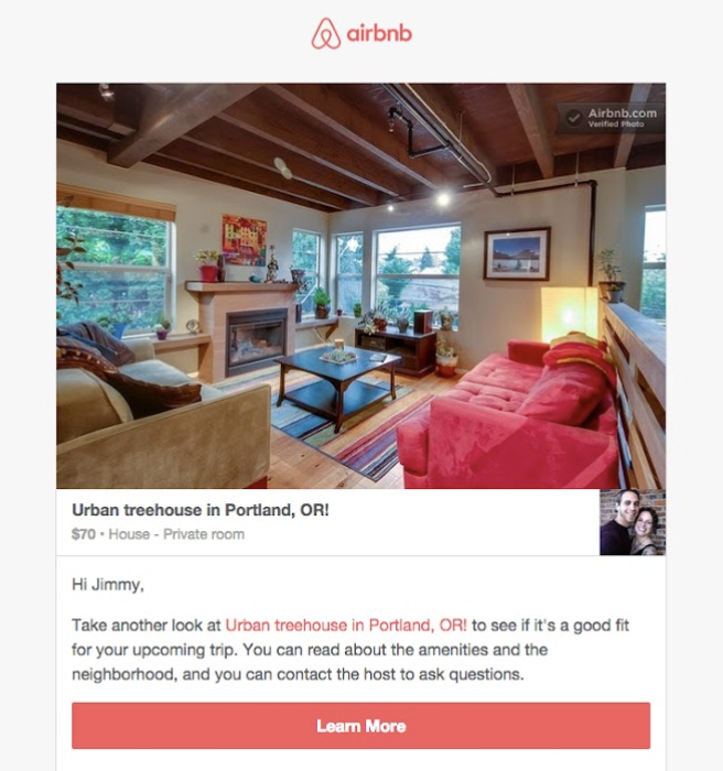 Sample Airbnb email to a guest named Jimmy, featuring the listing "Urban treehouse in Portland, OR," which is a merchandising perk for certain discounts.