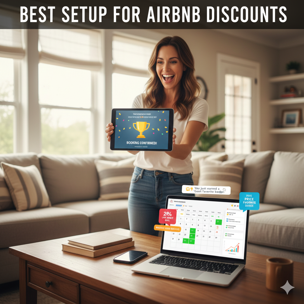 A happy female Airbnb host sitting in her bright, modern living room, smiling at her laptop screen which displays a strategic calendar full of bookings or discount settings.