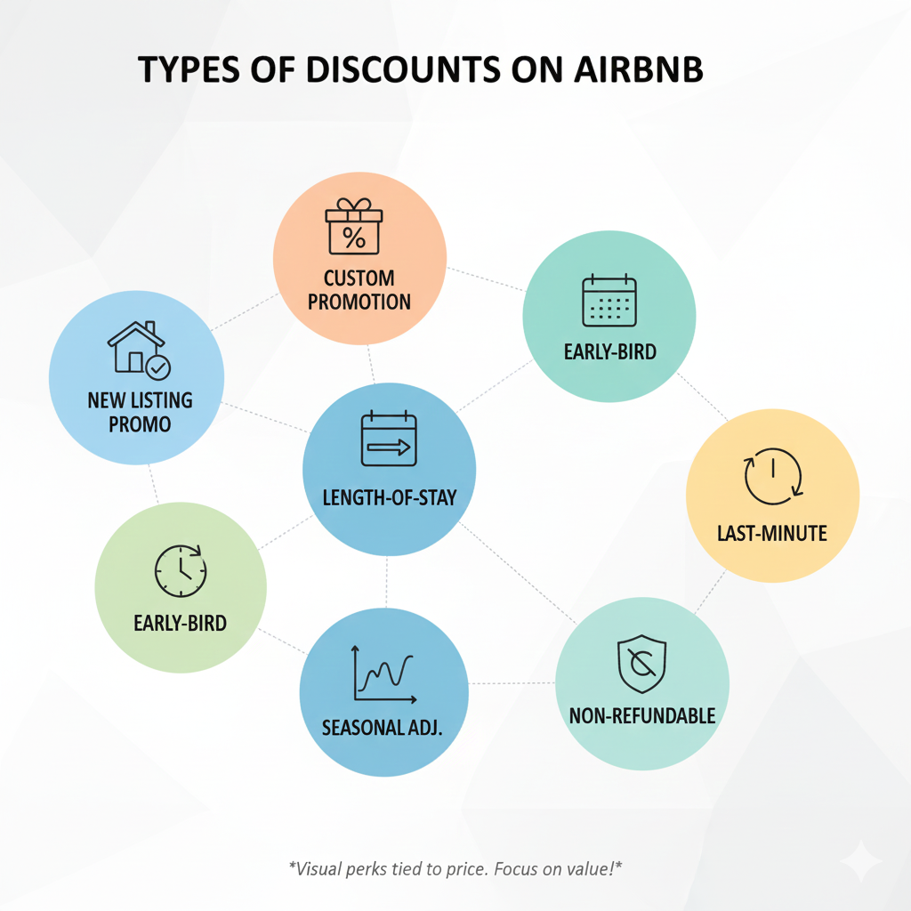 Infographic showing the 7 types of Airbnb discounts: New Listing, Custom, Length-of-Stay, Early-Bird, Last-Minute, Seasonal Adjustment, and Non-Refundable.