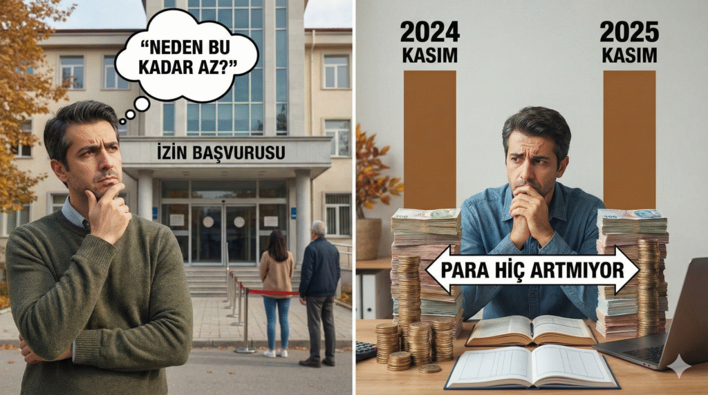 İkiye bölünmüş görselde; solda "İzin Başvurusu" binası önündeki azlığı sorgulayan düşünen bir adam, sağda ise 2024-2025 Kasım karşılaştırmasında gelirin artmadığını gösteren para yığınları başında endişeli bir ev sahibi görülüyor.