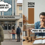 İkiye bölünmüş görselde; solda "İzin Başvurusu" binası önündeki azlığı sorgulayan düşünen bir adam, sağda ise 2024-2025 Kasım karşılaştırmasında gelirin artmadığını gösteren para yığınları başında endişeli bir ev sahibi görülüyor.