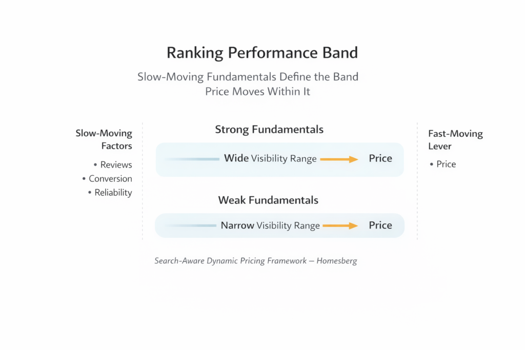 Diagram illustrating how slow-moving listing fundamentals define a visibility range while price acts as the fast-moving lever.