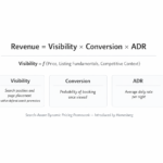 The Search-Aware Dynamic Pricing formula showing revenue as a product of visibility, conversion, and average daily rate.