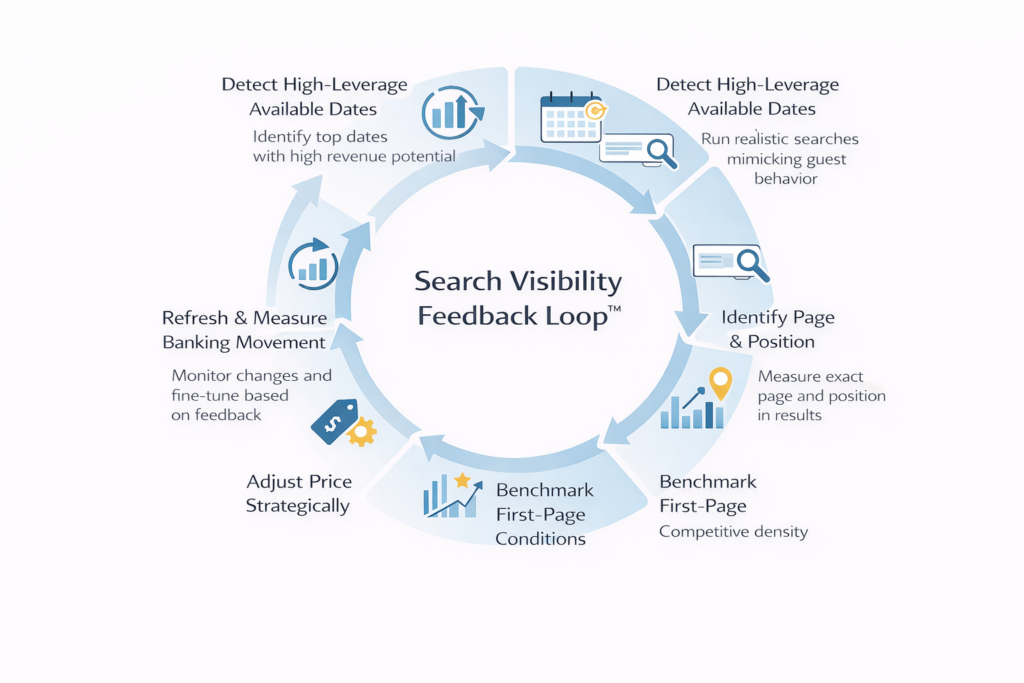 A circular infographic depicting the Search Visibility Feedback Loop for short-term rental pricing optimization.