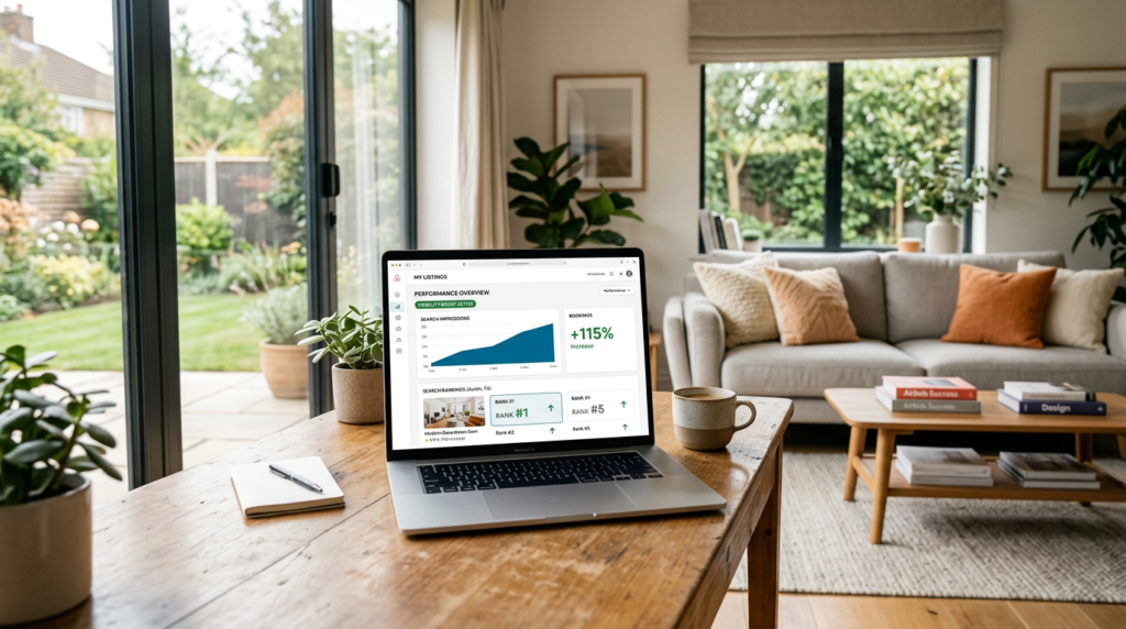 A laptop on a wooden desk in a bright vacation rental living room showing an Airbnb performance dashboard with upward-trending rankings.