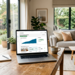 A laptop on a wooden desk in a bright vacation rental living room showing an Airbnb performance dashboard with upward-trending rankings.
