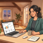 An Airbnb host reviewing revenue and pricing analytics on a laptop at a desk inside a short-term rental property.