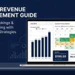 Airbnb revenue management dashboard showing occupancy rates, dynamic pricing calendar, and RevPAL metrics on a laptop screen