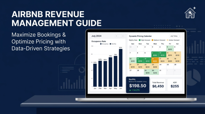 Airbnb revenue management dashboard showing occupancy rates, dynamic pricing calendar, and RevPAL metrics on a laptop screen