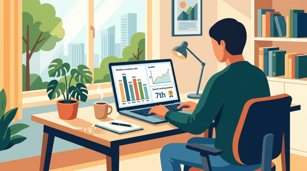 Short-term rental host reviewing revenue metrics, weekly occupancy, RevPAL trend, and search ranking position on a laptop