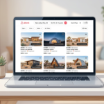 Airbnb search results displayed on a laptop screen, showing listings with star ratings and prices in a bright minimal setting