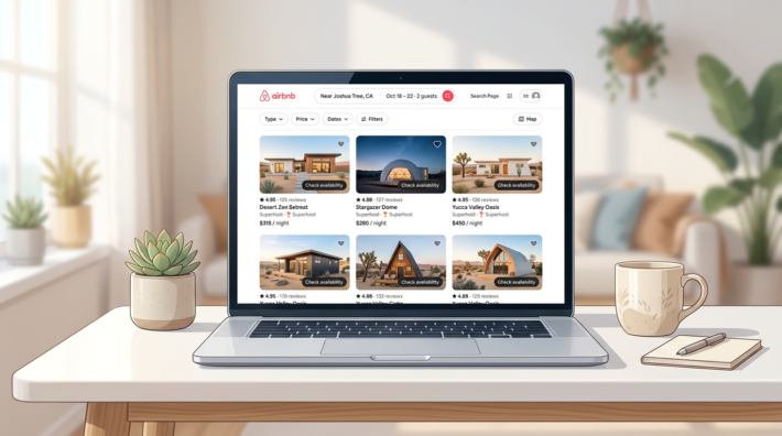 Airbnb search results displayed on a laptop screen, showing listings with star ratings and prices in a bright minimal setting