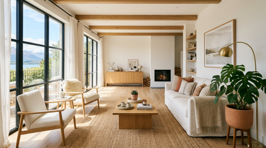 Bright and airy vacation rental living room with natural light, white sofa, wooden beams, and mountain view — illustrating professional Airbnb listing photography