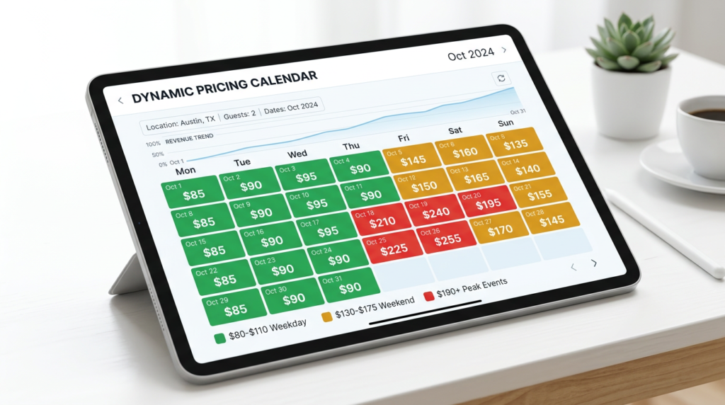 Dynamic pricing calendar showing color-coded nightly rates for Airbnb optimization