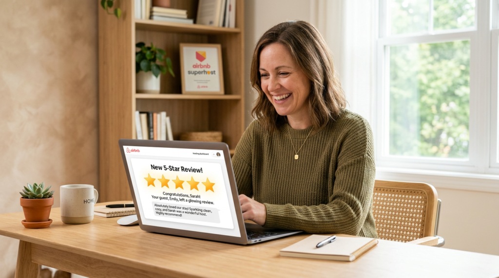 Airbnb host smiling at a five-star review notification on her laptop screen, representing the review and ranking cycle