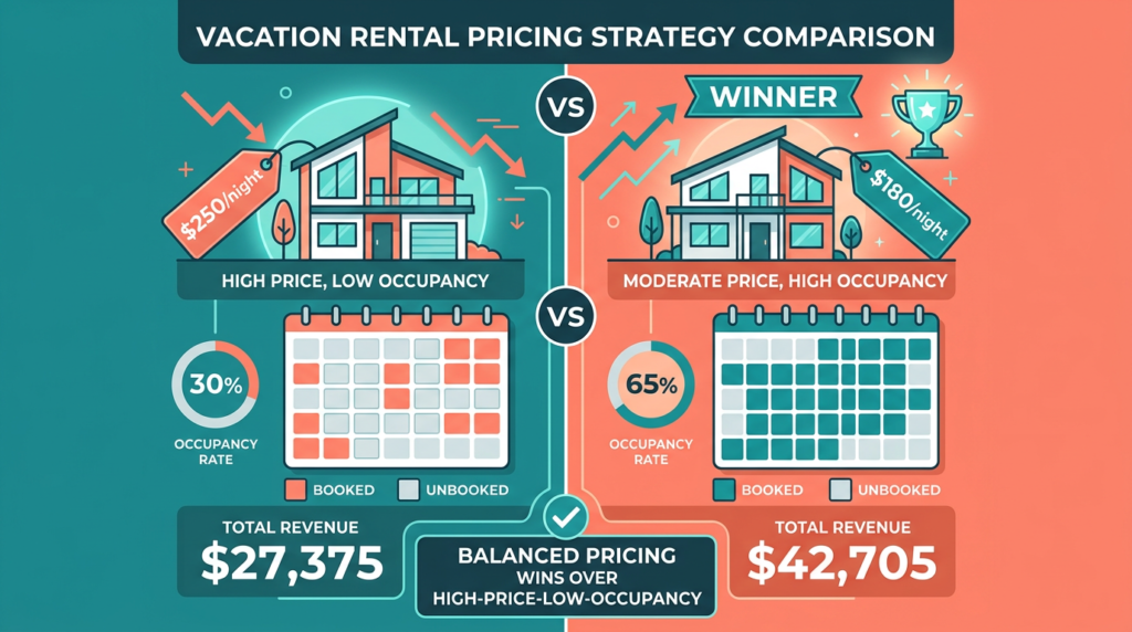 Comparison showing that balanced pricing with higher occupancy outperforms high pricing with low occupancy in annual revenue