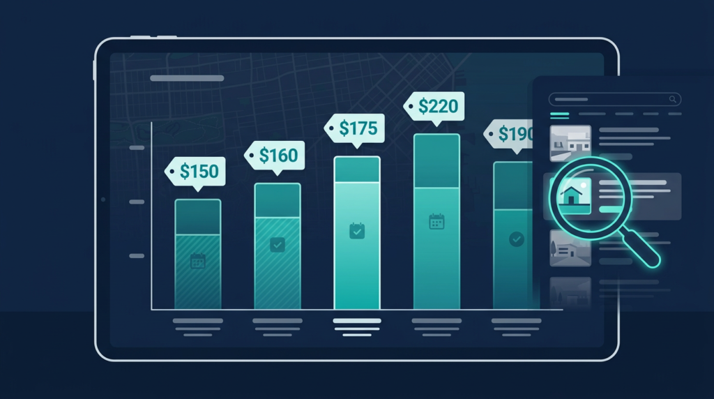 Bar chart comparing nightly rates of similar vacation rental listings alongside occupancy levels, with a search results panel showing listing placement