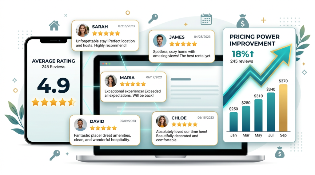 Dashboard showing a 4.9-star rating with multiple guest review cards and an upward pricing trend, illustrating how strong reviews increase pricing power
