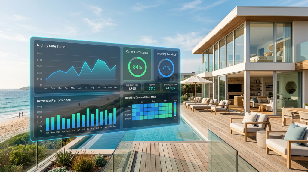 Modern beach vacation rental with a digital pricing analytics dashboard overlay showing nightly rate trends, occupancy gauges, and booking demand heat maps.