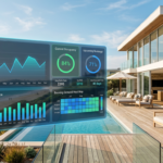 Modern beach vacation rental with a digital pricing analytics dashboard overlay showing nightly rate trends, occupancy gauges, and booking demand heat maps.
